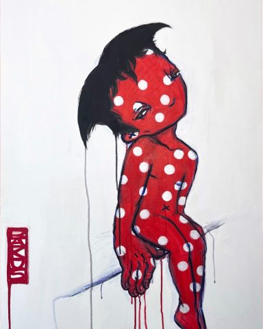 Acrylic painting of a polkadotted figure