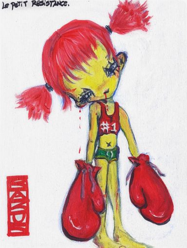 Acrylic painting of a girl with big boxing gloves