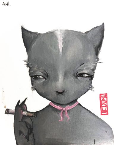 Acrylic painting of a grey cat smoking a cigarette