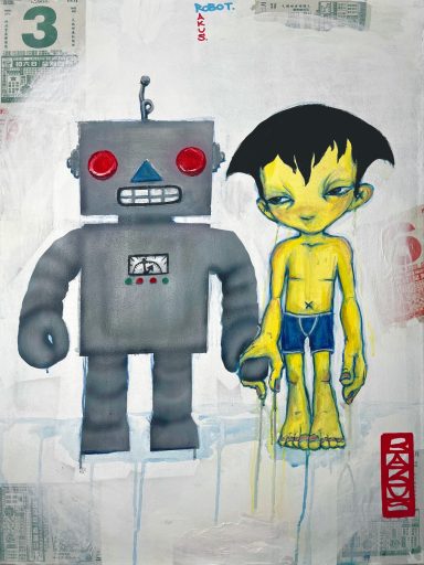 mixed-media and acrylic painting of a character holding a robots hand