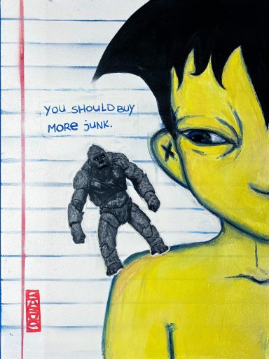 mixed media collage acrylic painting of a monkey on a characters shoulder saying 'you should buy more junk'